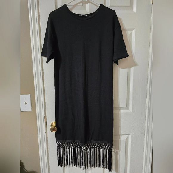 Zara Black Fringe Shift Midi Sweater Dress, Short Sleeves, Stretchy Knit, EUC! - Picture 1 of 5